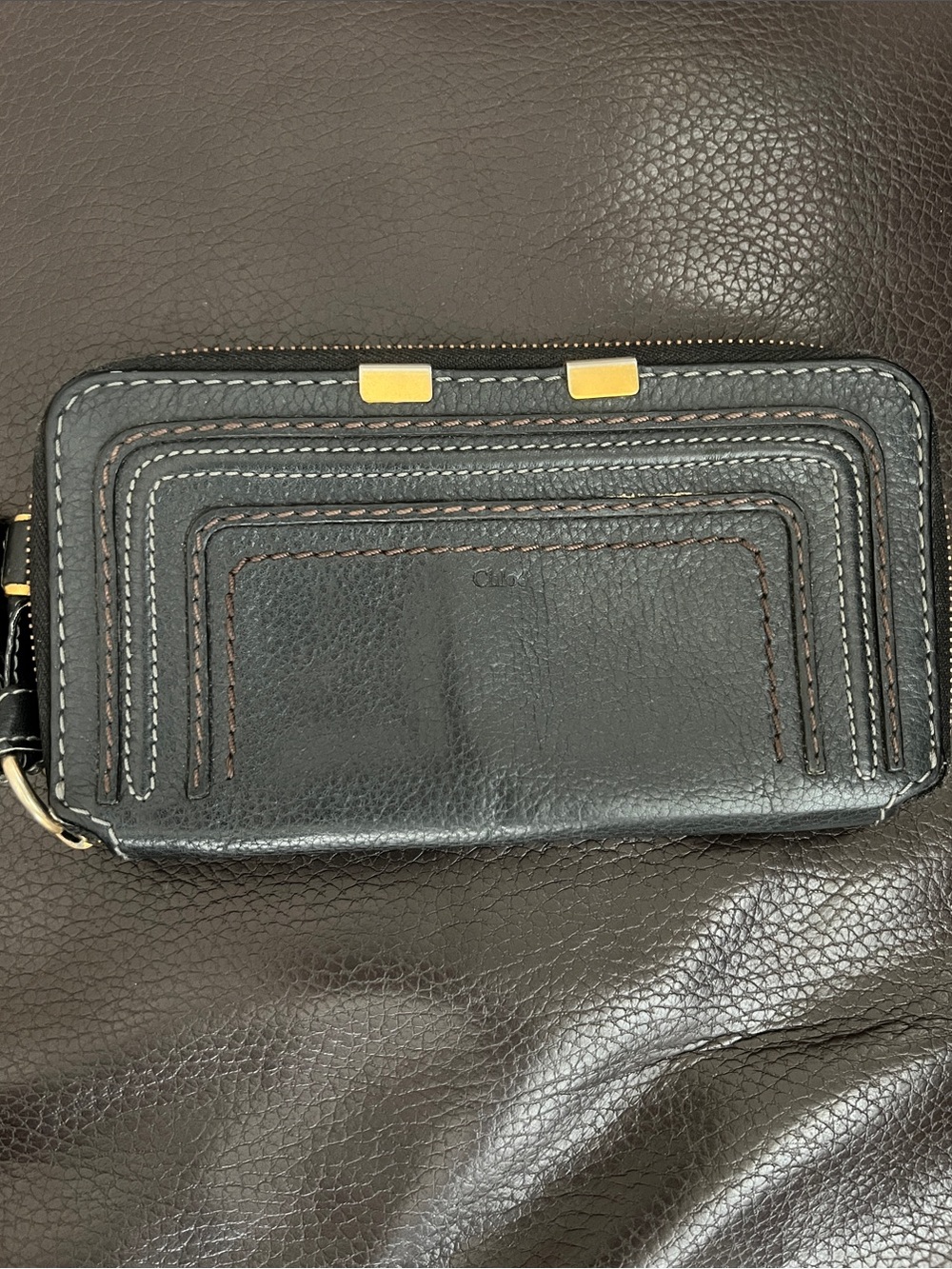 Chloe Marcie Black Leather Zip Wallet with Gold Hardware